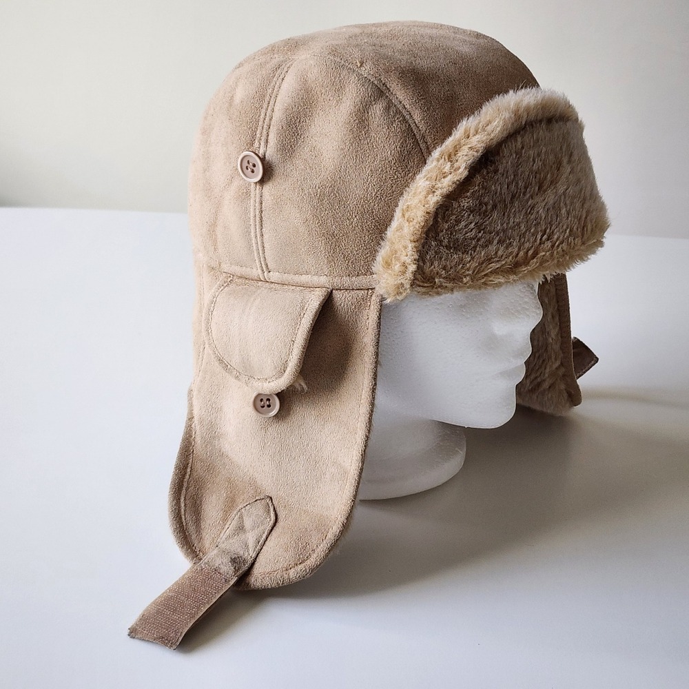Trapper Hat Mens Large Tan Faux Suede Faux Fur Lined Ear Flaps Winter Warm